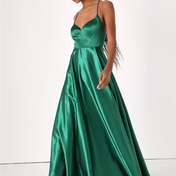 Lulus Emerald Green Satin A-Line Backless Maxi Dress - Picture 3 of 4